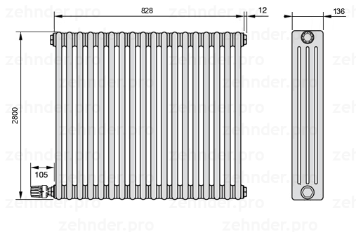 Схема (чертеж) Радиатор Zehnder Charleston 4280/18 №V004 Белый глянцевый RAL 9016